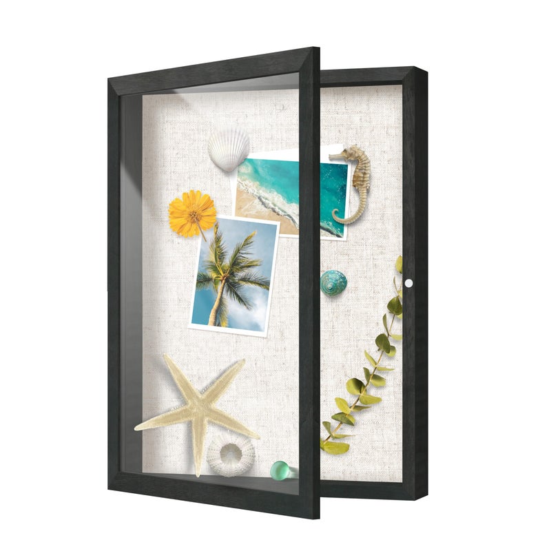 FrameWorks 12x16 Deep Shadow Box Frame, Wooden Display Case w. Linen Board & Tempered Glass Door - Black Woodgrain - Medium - Wall Mounted - Image 1
