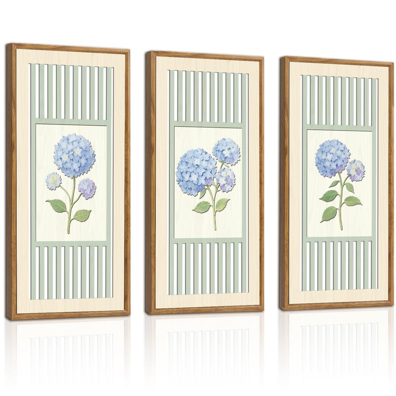 IARTTOP 3 Pcs Vintage Hydrangea Wall Art Framed Watercolor Blue Botanical Floral Wood Wall Decor Minimalist Farmhouse Art Prints for Living Room Bedroom Home Decor 8x16 Inch - Image 1