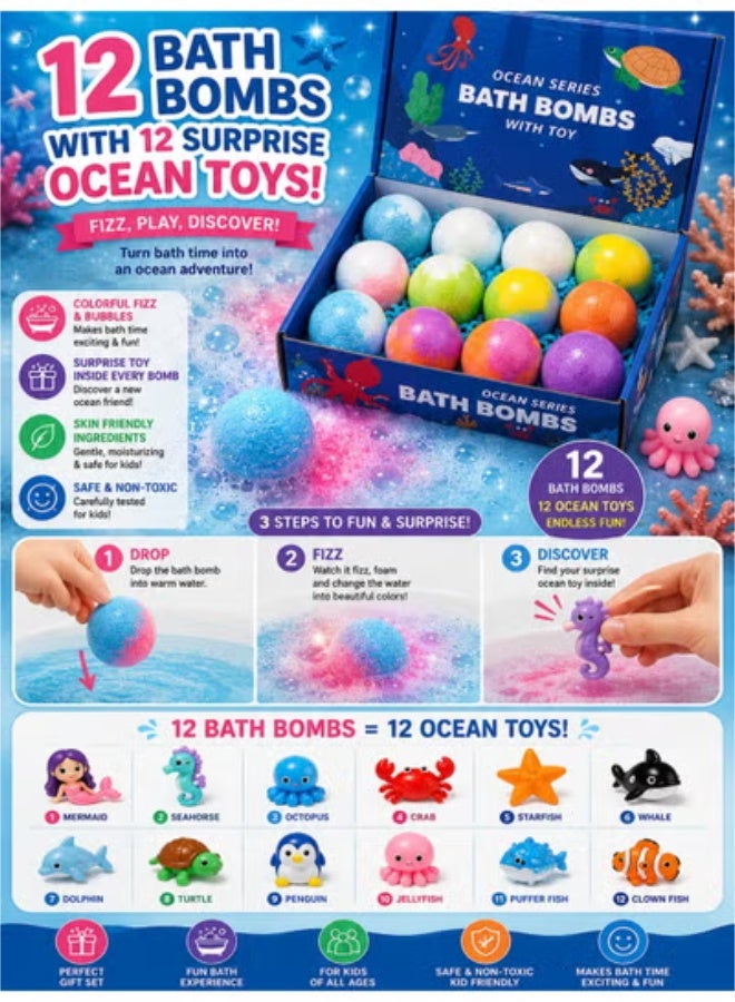 Eworld 12 PCS Ocean Series Bath Bombs with Surprise Toy – Kids Fizzy Bubble Bath Gift Set | Skin-Friendly Bath Bombs - Image 5