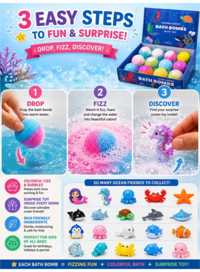 Eworld 12 PCS Ocean Series Bath Bombs with Surprise Toy – Kids Fizzy Bubble Bath Gift Set | Skin-Friendly Bath Bombs - Image 3