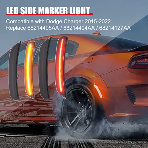 TEMSONE Charger Side Marker Lights Assembly Kit Compatible with 2015-2022 Dodge Charger LED Smoked Lens Turn Signal Lamp with Amber Front and Red Rear Light Replace 68214405AA 68214404AA 68214127AA - Image 2