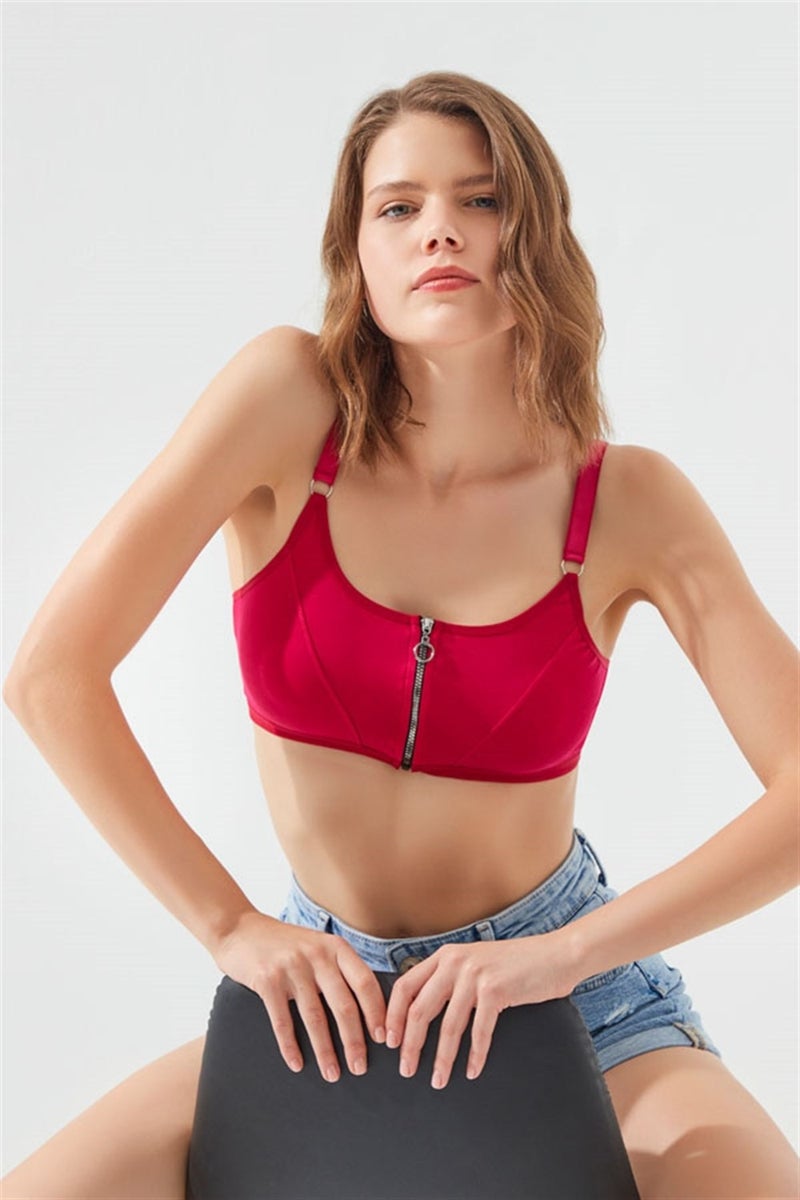 COTTONHILL Burgundy Cotton Adjustable Strap Zipper Bralette Bustier - Image 3