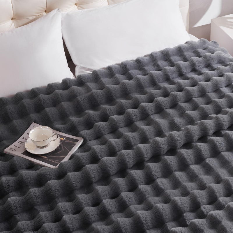 Anysay Heated Blanket Throw with 1/2/4/6/8 Hours Auto-Off 10 Heat Level, 50'' * 60'' Cozy Faux Rabbit Fur Bubble Electric Blanket with Overheat Protection(Dark Grey) - Image 5