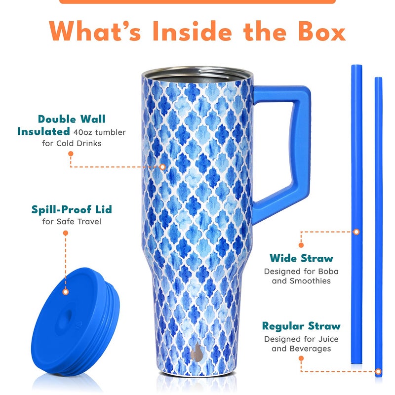 Elemental 40 oz Tumbler with Handle and Straw - Spill Proof Insulated Stainless Steel Commuter for Cold Beverages - Travel Coffee Mug with 2 Straws & Spill Proof Lid - 40oz - Blue Tile - Image 3