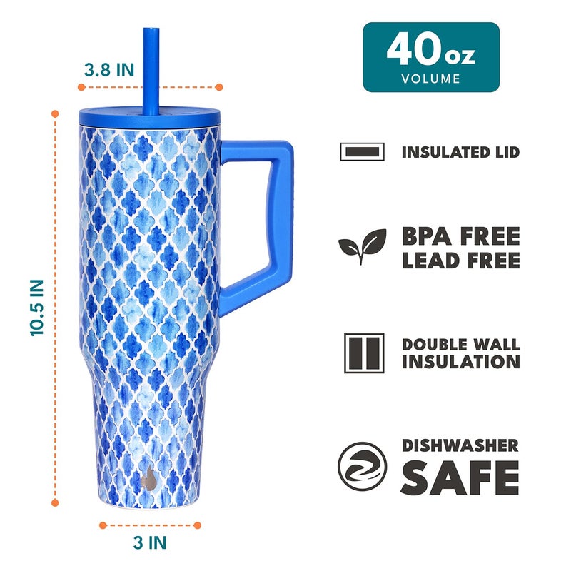 Elemental 40 oz Tumbler with Handle and Straw - Spill Proof Insulated Stainless Steel Commuter for Cold Beverages - Travel Coffee Mug with 2 Straws & Spill Proof Lid - 40oz - Blue Tile - Image 2
