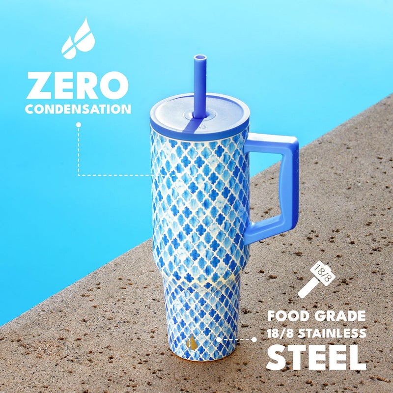 Elemental 40 oz Tumbler with Handle and Straw - Spill Proof Insulated Stainless Steel Commuter for Cold Beverages - Travel Coffee Mug with 2 Straws & Spill Proof Lid - 40oz - Blue Tile - Image 5
