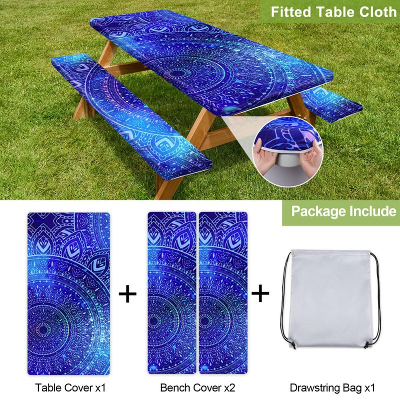 Play Tailor Picnic Table Cover with Bench Covers Camping Essentials Waterproof Windproof Camping Tablecloth with Drawstring Bag, Fitted Rectangle Tables and Seats, 72in, Blue Purple - Image 4
