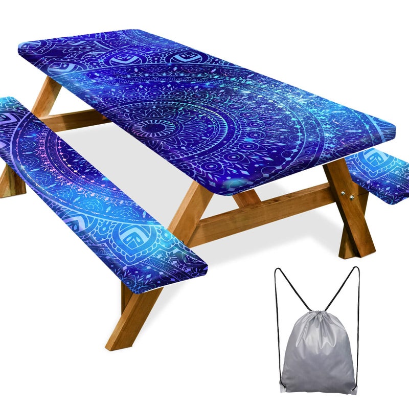 Play Tailor Picnic Table Cover with Bench Covers Camping Essentials Waterproof Windproof Camping Tablecloth with Drawstring Bag, Fitted Rectangle Tables and Seats, 72in, Blue Purple - Image 1