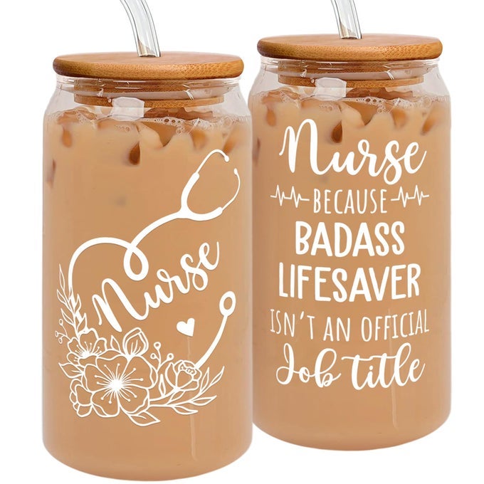 NURSE GIFTS NURSE GIFTS FOR WOMEN NURSES APPRECIATION GIFT IDEAS FOR NURSING NEW NURSES RN PRACTITIONER GIFT IDEAS FOR WOMEN 16 OZ CAN GLASS WITH LID STRAW STRAW BRUSH