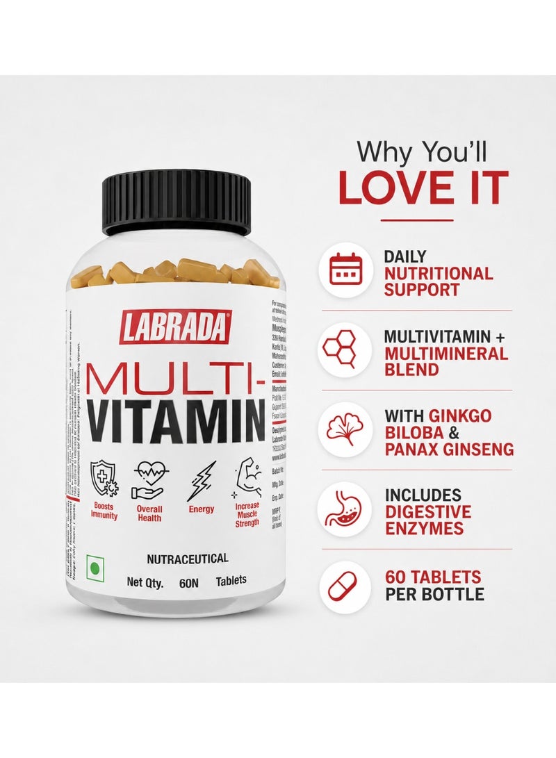 Labrada Daily Multivitamin Tablets | Multivitamin Multimineral Supplement with Ginkgo Biloba, Panax Ginseng & Lycopene | 60 Count - Image 3