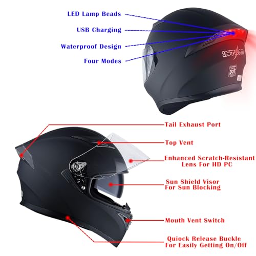 1Storm Motorcycle Street Bike Dual VisorSun Visor Full Face Helmet Mechanic with LED Tail Light Matt Black - Image 3