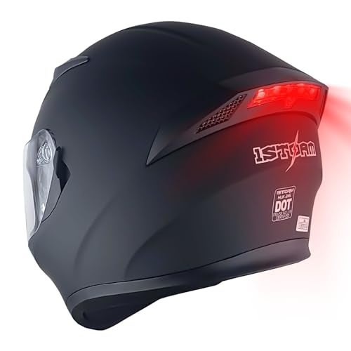 1Storm Motorcycle Street Bike Dual VisorSun Visor Full Face Helmet Mechanic with LED Tail Light Matt Black - Image 1