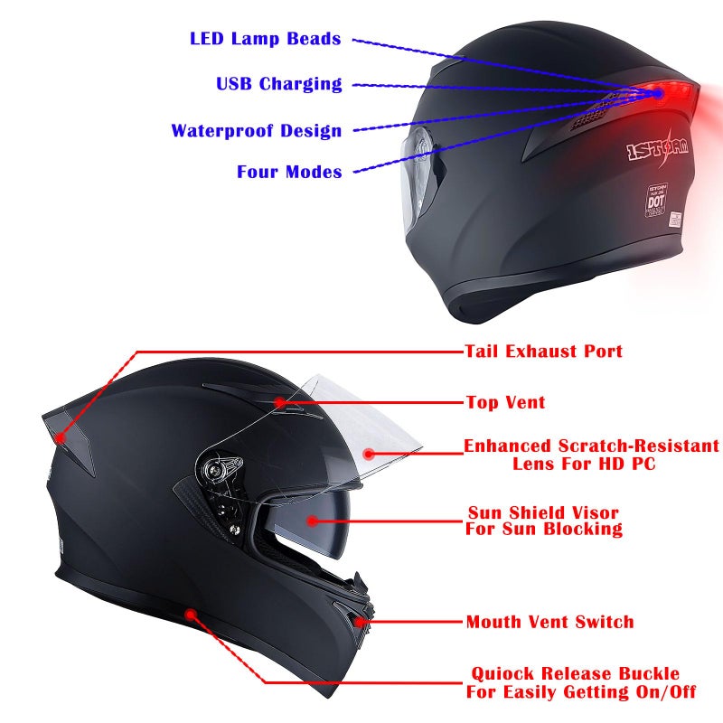 1Storm Motorcycle Street Bike Dual VisorSun Visor Full Face Helmet Mechanic with LED Tail Light Matt Black - Image 4