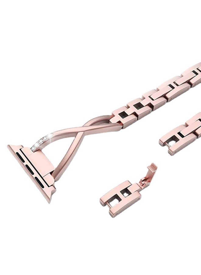 Suitable For Apple Watch Band For Apple Watch8 X Type Metal Diamond Watch Band Iwatch Rhinestone Steel Band-Color:3# Rose Gold 38/40/41XX Steel Belt