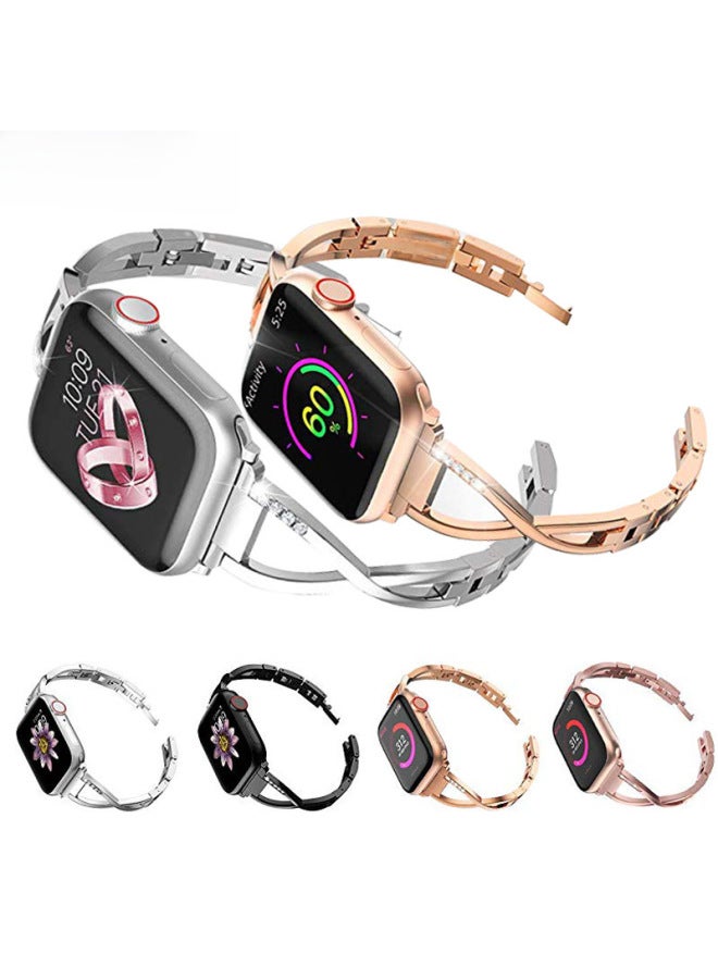 Suitable For Apple Watch Band For Apple Watch8 X Type Metal Diamond Watch Band Iwatch Rhinestone Steel Band-Color:3# Rose Gold 38/40/41XX Steel Belt