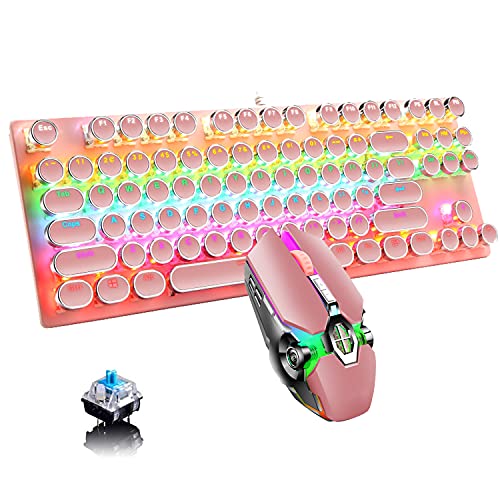 Ltvystore Mechanical Gaming Keyboard and Mouse Combo, 87 Key Retro Punk Typewriter-Style,Blue Switch RGB Rainbow Backlit Keyboard,Cool Breathing Light Lightweight Gaming Mouse for Game and Office,Pink - Image 1