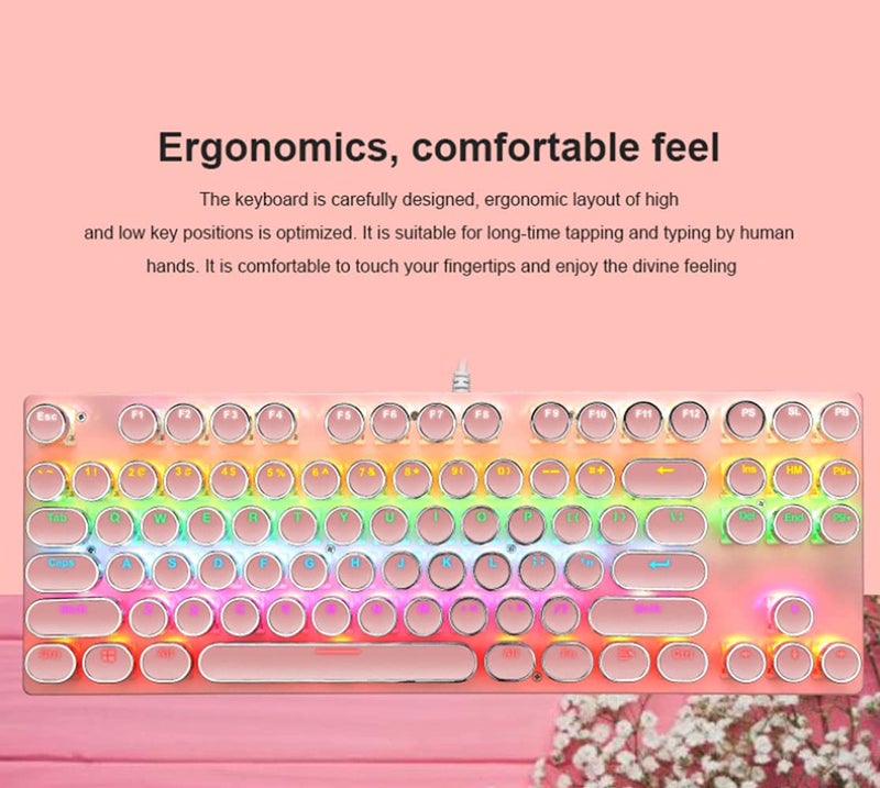 Ltvystore Mechanical Gaming Keyboard and Mouse Combo, 87 Key Retro Punk Typewriter-Style,Blue Switch RGB Rainbow Backlit Keyboard,Cool Breathing Light Lightweight Gaming Mouse for Game and Office,Pink - Image 4