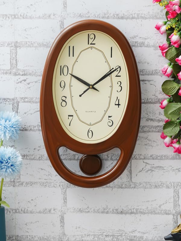CHRONIKLE Elegant Plastic Case Oval Shaped Analog English Numbers Pendulum Wall Clock for Living Room Home Decoration Gifts (Size: 24 x 5.5 x 40 CM | Weight: 705 Gram | Color: Golden & Brown) - Image 1