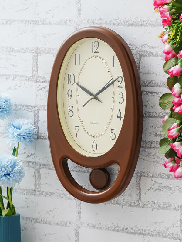 CHRONIKLE Elegant Plastic Case Oval Shaped Analog English Numbers Pendulum Wall Clock for Living Room Home Decoration Gifts (Size: 24 x 5.5 x 40 CM | Weight: 705 Gram | Color: Golden & Brown) - Image 5