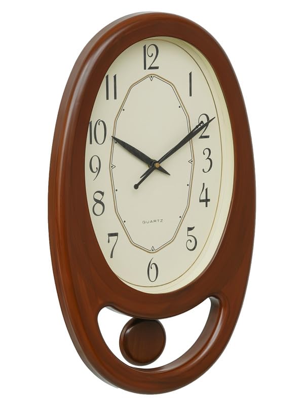 CHRONIKLE Elegant Plastic Case Oval Shaped Analog English Numbers Pendulum Wall Clock for Living Room Home Decoration Gifts (Size: 24 x 5.5 x 40 CM | Weight: 705 Gram | Color: Golden & Brown) - Image 2