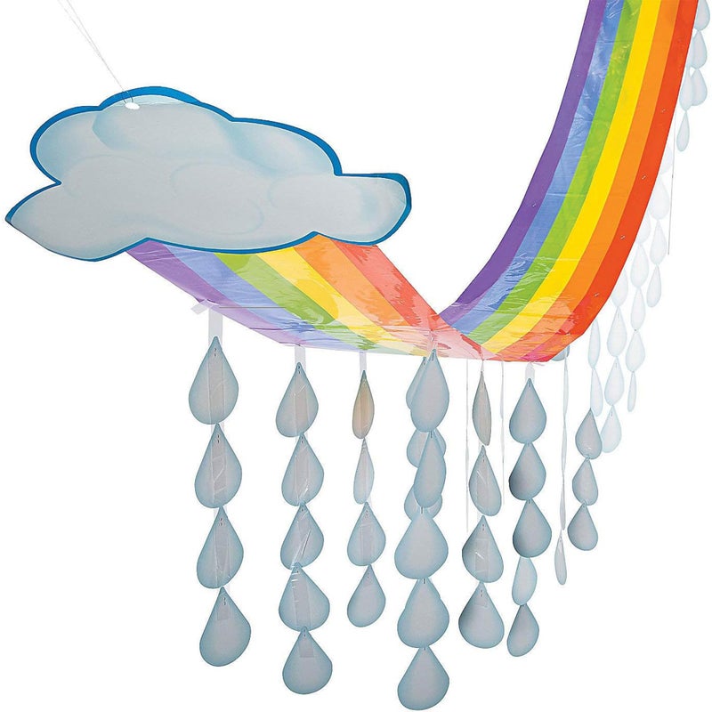 Fun Express 12 Ft. x 32" Rainbow Cloud & Raindrops Ceiling Hanging Decoration - 1 Piece - Great for Spring and Summer Classroom, Church and Party Decorations - Image 1