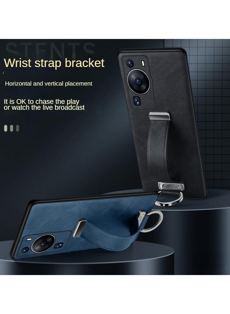 Arabest Luxury Leather Wrist Strap Case for Huawei P60 Pro Metal Ring Holder Bracket Cover for Huawei P60 Pro Stand Shell (Black) - Image 3