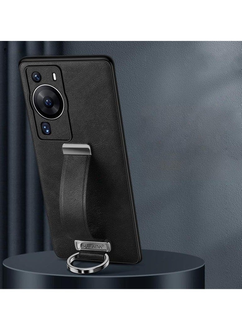 Arabest Luxury Leather Wrist Strap Case for Huawei P60 Pro Metal Ring Holder Bracket Cover for Huawei P60 Pro Stand Shell (Black) - Image 4