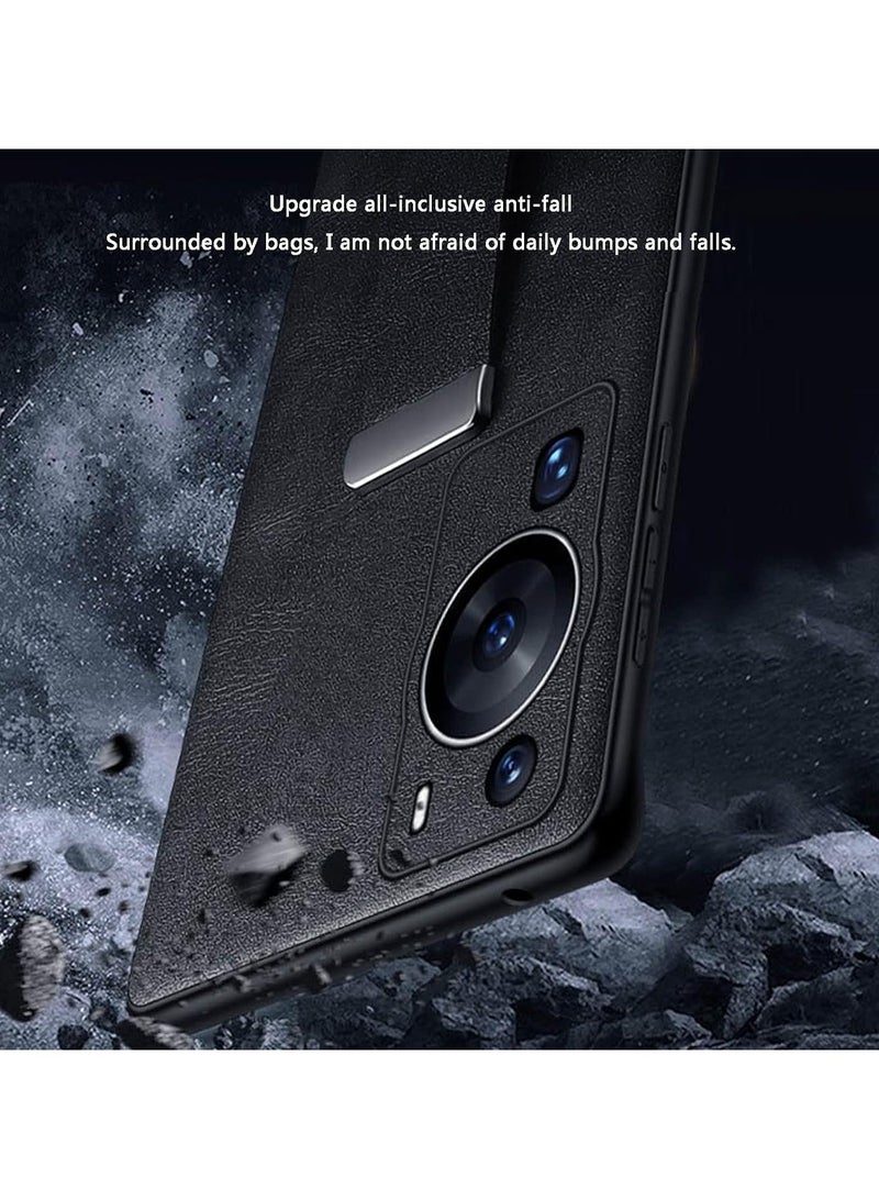 Arabest Luxury Leather Wrist Strap Case for Huawei P60 Pro Metal Ring Holder Bracket Cover for Huawei P60 Pro Stand Shell (Black) - Image 2