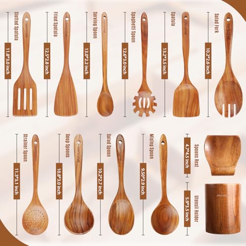 Mooues 12 Piece Wooden Spoons for Cooking Wooden Utensils for Cooking with Utensils Holder Natural Teak Wooden Kitchen Utensils Set with Wooden Spoon Rest Comfort Grip - Image 3