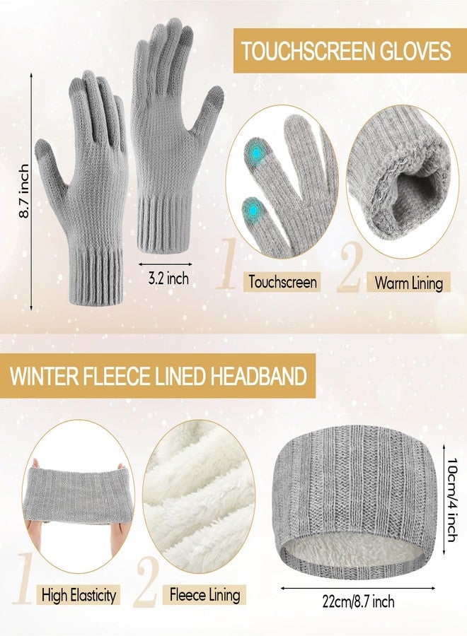 Breathffy 4 Pcs Winter Hat Scarf Gloves Headband Set Knit Beanie Touch Screen Gloves Long Scarf Xmas Gift for Women Men, Grey, One size - Image 3