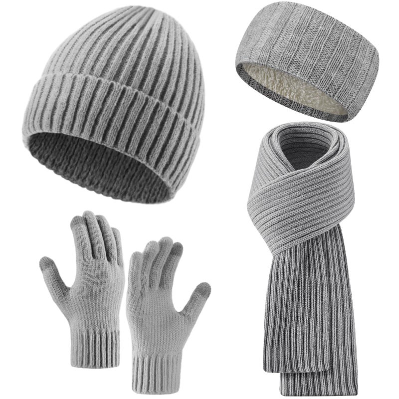 Breathffy 4 Pcs Winter Hat Scarf Gloves Headband Set Knit Beanie Touch Screen Gloves Long Scarf Xmas Gift for Women Men, Grey, One size - Image 1