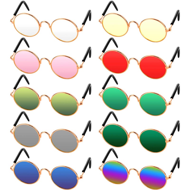 Frienda 10 Pieces Cat Dog Sunglasses Funny Pet Glasses Round Metal Small Classic Retro Sunglasses Pet Hippie Cute Dog Cat Cosplay Party Costume Photo Props Cosplay Glasses(Mixed Color) - Image 1