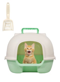 Large portable cat litter box with front door, Durable fully enclosed large foldable cat potty toilet with litter scoop and odor control with deodorant filter (Green) 51 cm L