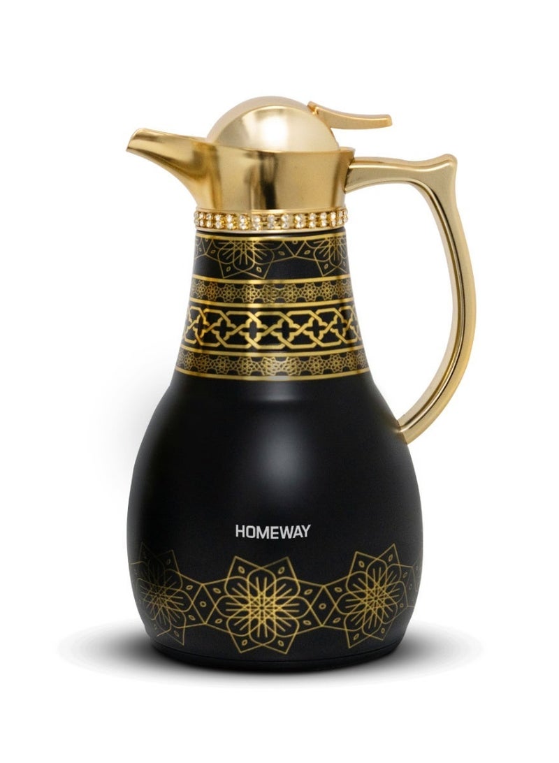 Homeway 1L Stainless Steel Arabic Vacuum Flask HW3927, Vacuum Insulated Coffee and Tea Server, Traditional Black & Gold Thermal Flask - Image 1