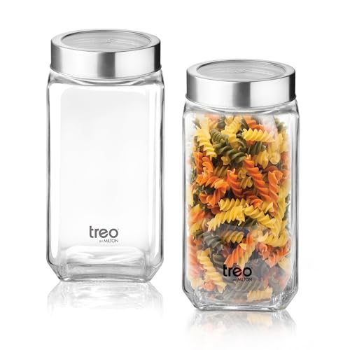 Treo by Milton Cube Storage Containers, Pack of 2, Glass Jar with Air Tight Steel Lid, 1000 ml each, Transparent Jars for Snacks, Pulses, Masala, Pickles, Cereals, Cookies, Dry Food - Image 1