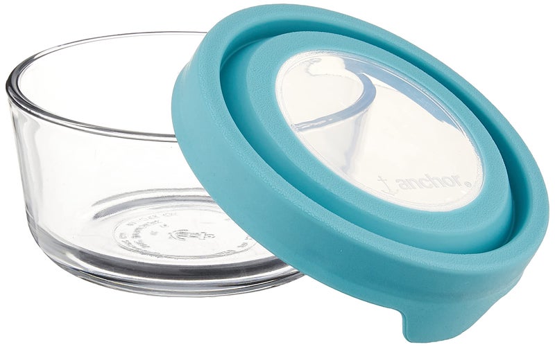Anchor Hocking 2 Cup Glass Storage Containers with Lids, Set of 6 Glass Food Storage Containers with Mineral Blue TrueSeal Lids