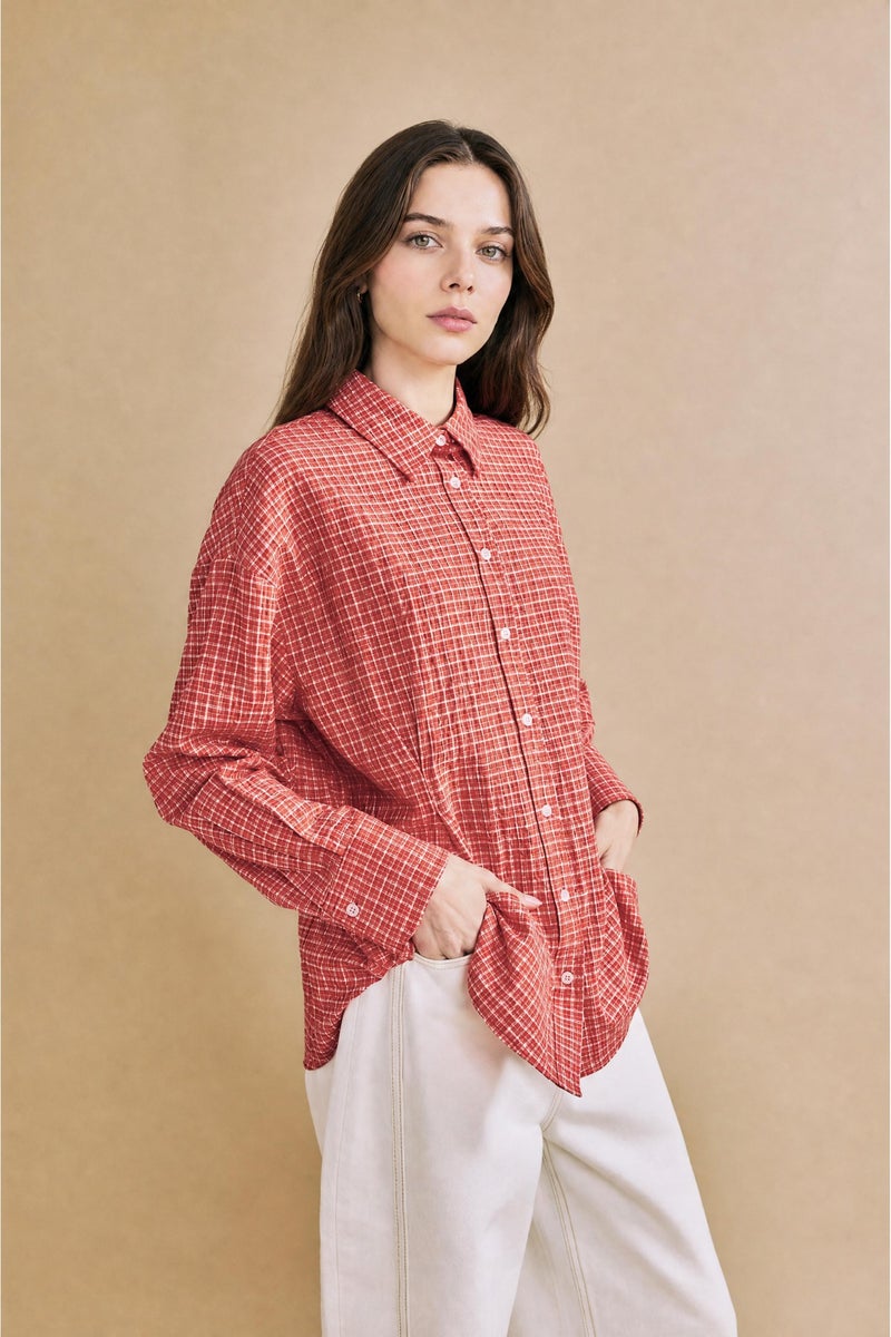 DeFacto Red Woman Relax Fit Checked Wrinkled Textured Fabric Red Tunic Casual - Image 1