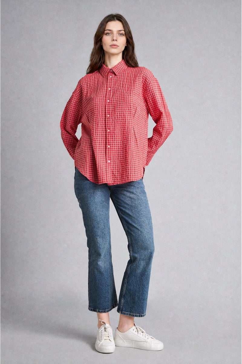 DeFacto Red Woman Relax Fit Checked Wrinkled Textured Fabric Red Tunic Casual - Image 3