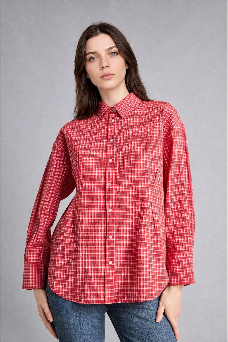 DeFacto Red Woman Relax Fit Checked Wrinkled Textured Fabric Red Tunic Casual - Image 2