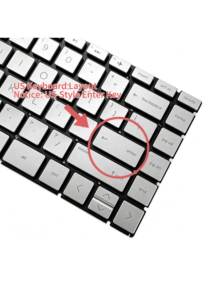 لوحة مفاتيح بديلة بإضاءة خلفية لسلسلة  14-ph، متوافقة مع Pavilion 14-CD/14-CM/14-CK/14-DQ/14-DK/14-DG/14-FQ/14-CS، و240 G7/245 G7/246 G7/240 G8، وPavilion X360 14-CD/14M-CD - إطار فضي، تخطيط اللغة الإنجليزية الأمريكية - Image 4