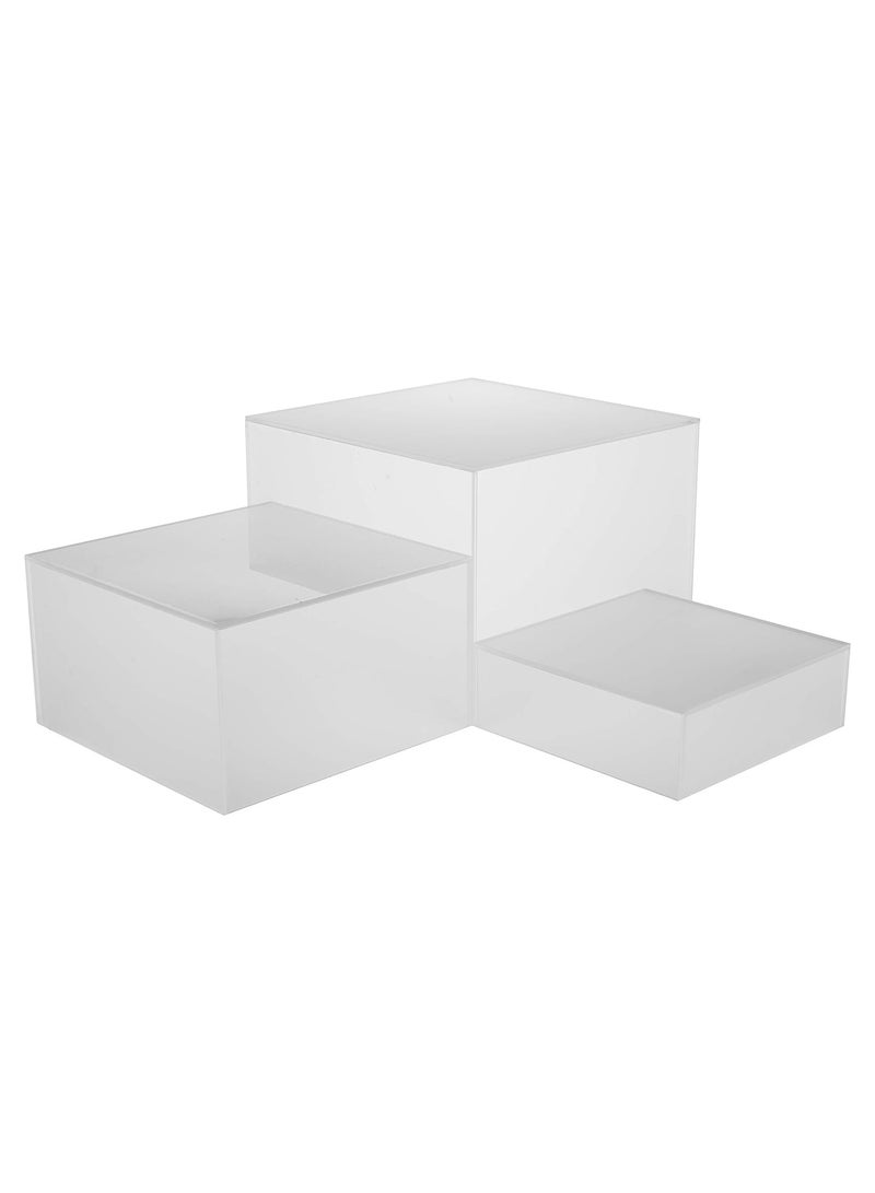 Set of 3 Frosted White Acrylic Cube Display Nesting Risers with Hollow Bottoms, Semi Transparent