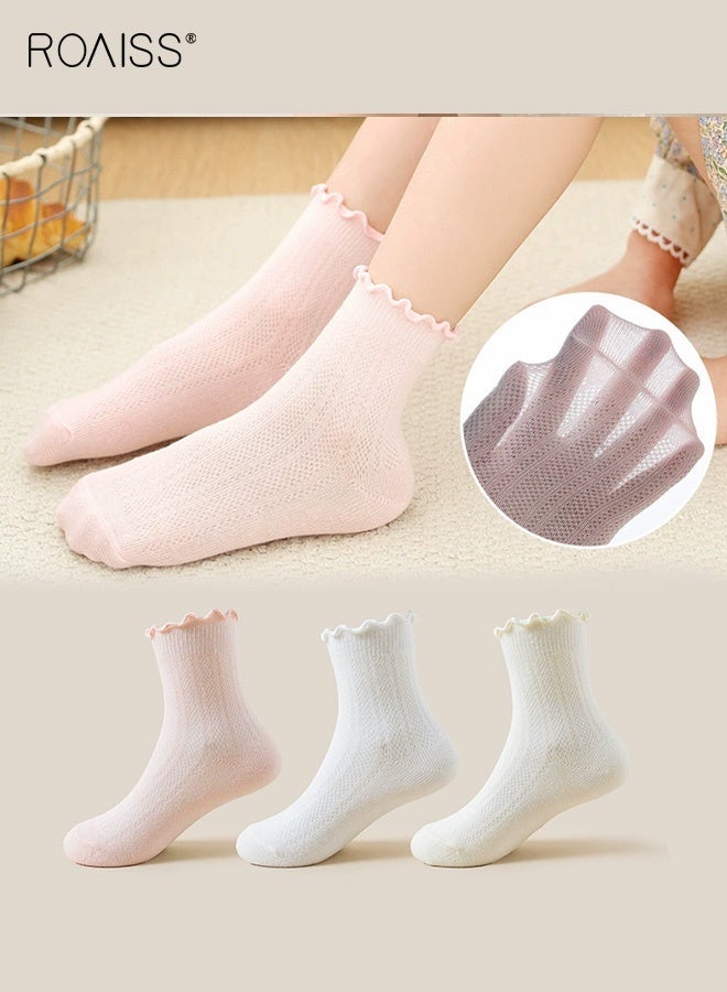 roaiss Girls 3 Pairs Mid-Calf Socks, Comfortable Mesh Socks Set, Anti-pilling Soft Socks with Ruffled Design, Stylish Middle Tube Socks for Girls, Suitable for Summer - Image 2