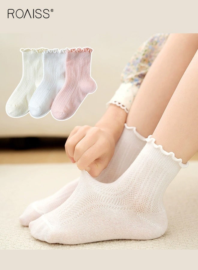 roaiss Girls 3 Pairs Mid-Calf Socks, Comfortable Mesh Socks Set, Anti-pilling Soft Socks with Ruffled Design, Stylish Middle Tube Socks for Girls, Suitable for Summer - Image 3