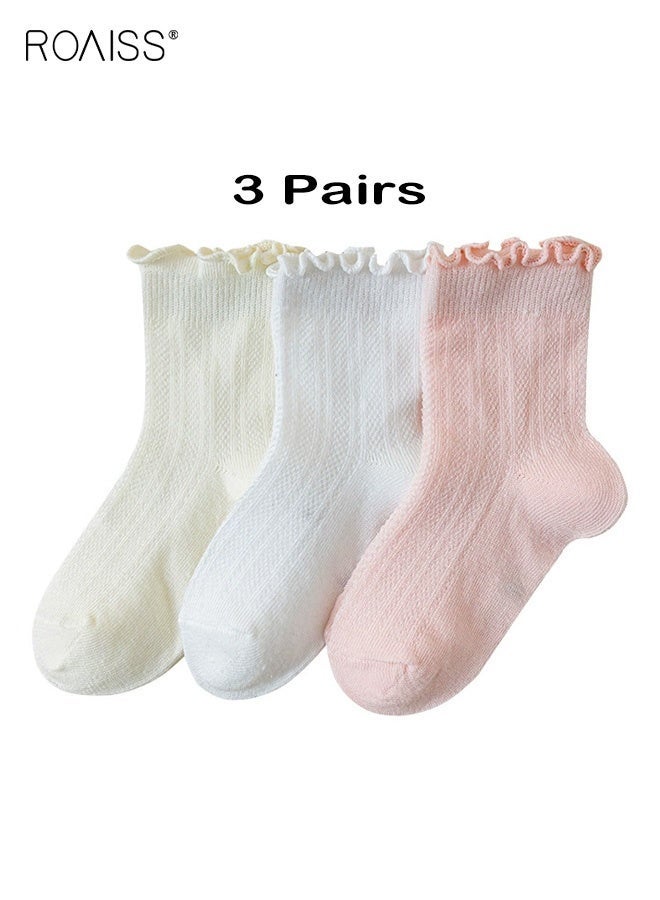 roaiss Girls 3 Pairs Mid-Calf Socks, Comfortable Mesh Socks Set, Anti-pilling Soft Socks with Ruffled Design, Stylish Middle Tube Socks for Girls, Suitable for Summer - Image 1