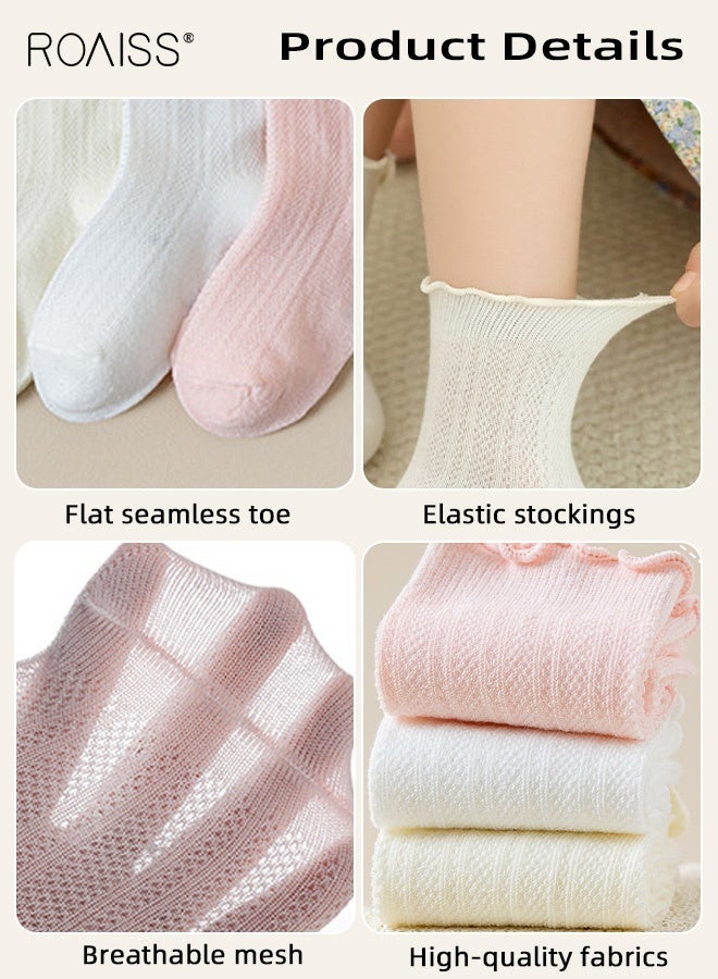 roaiss Girls 3 Pairs Mid-Calf Socks, Comfortable Mesh Socks Set, Anti-pilling Soft Socks with Ruffled Design, Stylish Middle Tube Socks for Girls, Suitable for Summer - Image 5