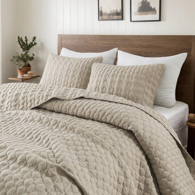 WDCOZY Oversized California Cal King Size Quilt Bedding Sets with Pillow Shams, Beige Tan Cream Lightweight Soft Bedspread Coverlet Bed Cover, All Season Spring Summer, 3 Pieces, 116x106 inches - Image 1