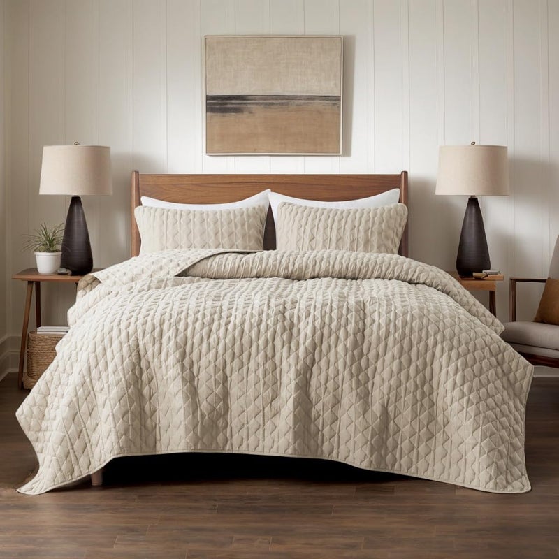 WDCOZY Oversized California Cal King Size Quilt Bedding Sets with Pillow Shams, Beige Tan Cream Lightweight Soft Bedspread Coverlet Bed Cover, All Season Spring Summer, 3 Pieces, 116x106 inches - Image 2