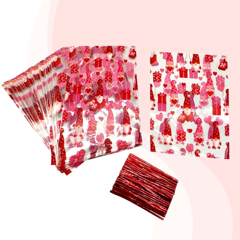BASHOUT 100-Piece Valentine's Day Cellophane Treat Bags | Red & Pink Gnome Candy Bags with Twist Ties | 9 x 6 Inches - Image 4