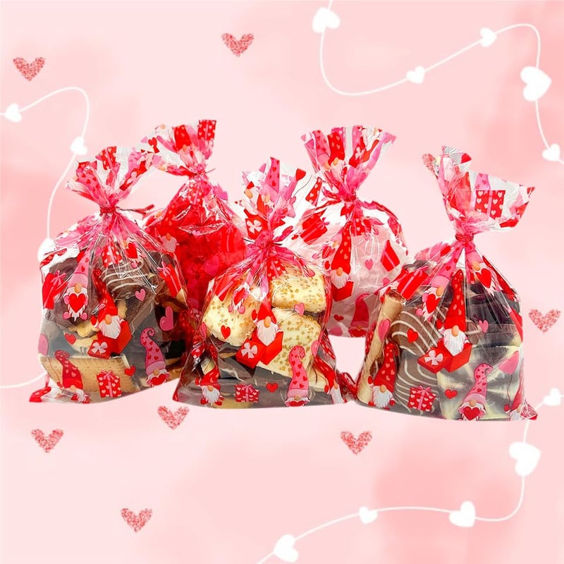 BASHOUT 100-Piece Valentine's Day Cellophane Treat Bags | Red & Pink Gnome Candy Bags with Twist Ties | 9 x 6 Inches - Image 2