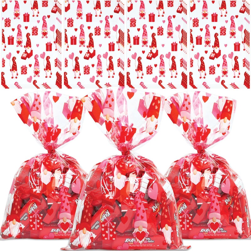 BASHOUT 100-Piece Valentine's Day Cellophane Treat Bags | Red & Pink Gnome Candy Bags with Twist Ties | 9 x 6 Inches - Image 1